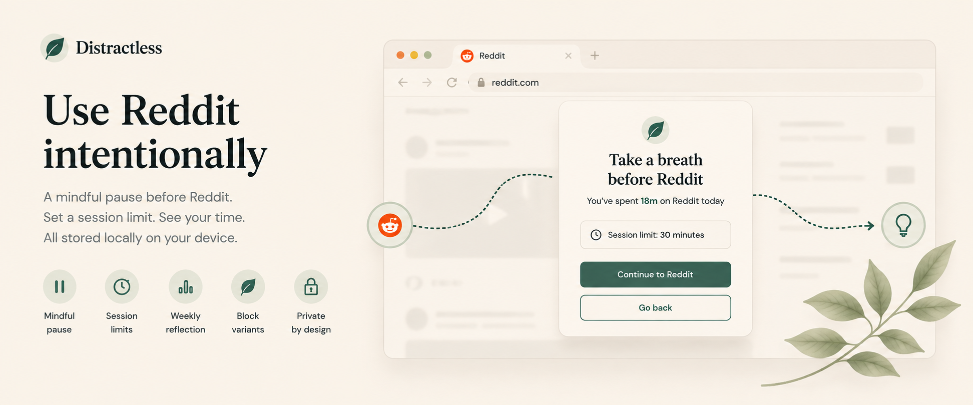 Distractless Reddit blocker showing weekly Reddit time and session tracking in Chrome